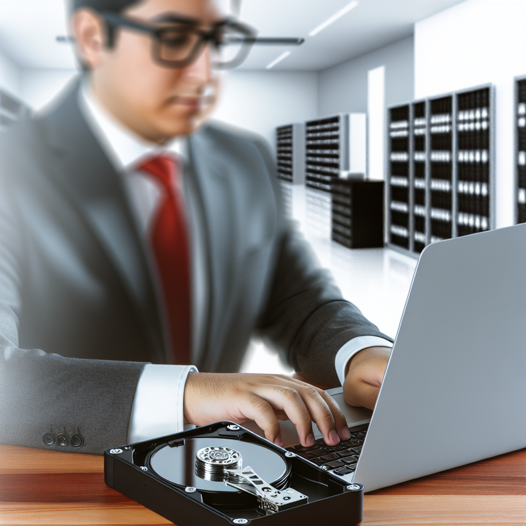 A man in a suit working on a laptop with an open hard drive on the desk.