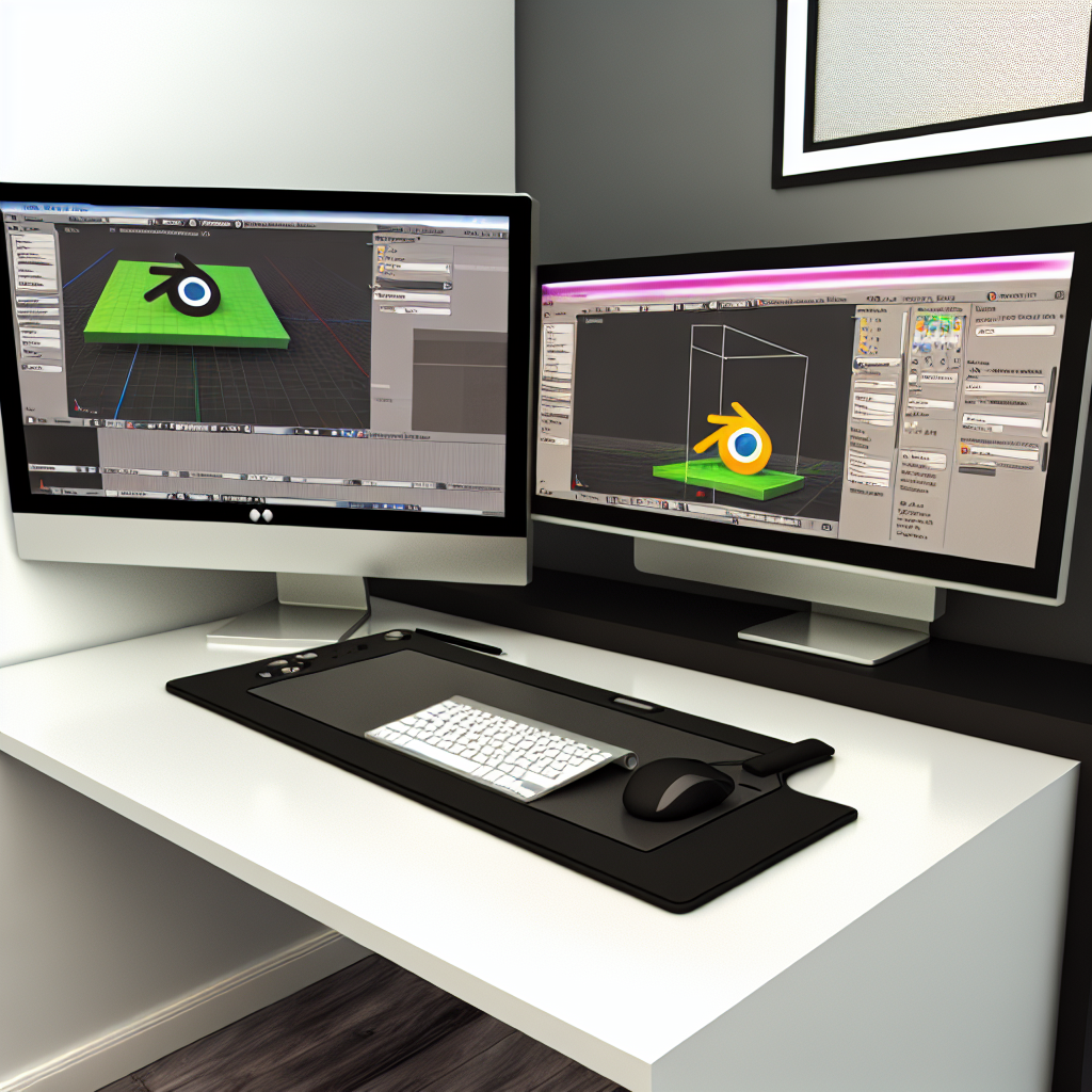 A dual-monitor computer setup displaying 3D modeling software.
