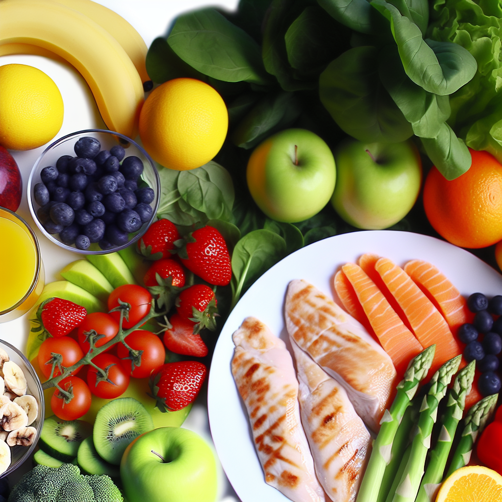 A plate with grilled chicken, salmon, asparagus, and blueberries, surrounded by various fruits and vegetables including bananas, oranges, apples, lemons, strawberries, cherry tomatoes, kiwis, blueberries, spinach, lettuce, broccoli, nuts, and a glass of orange juice.