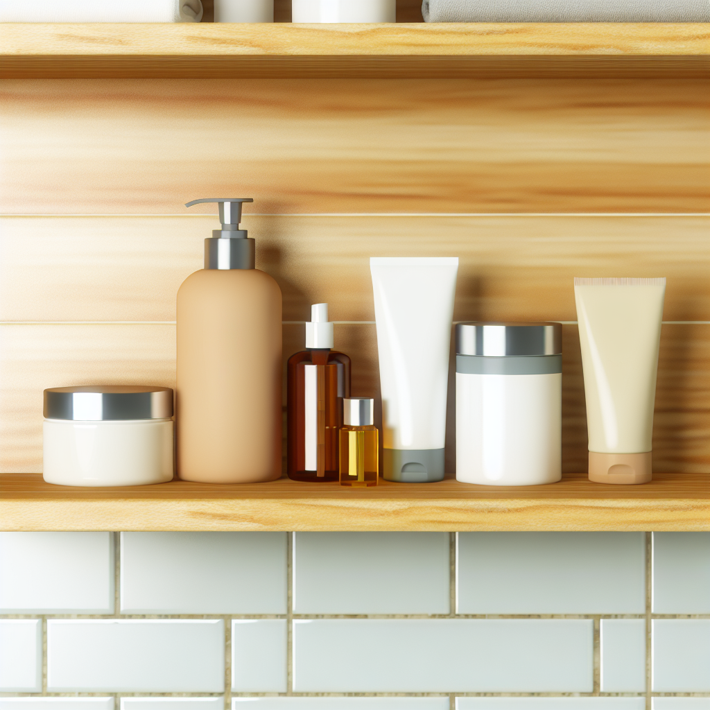 Sticle si tuburi de produse cosmetice pe un raft de lemn.