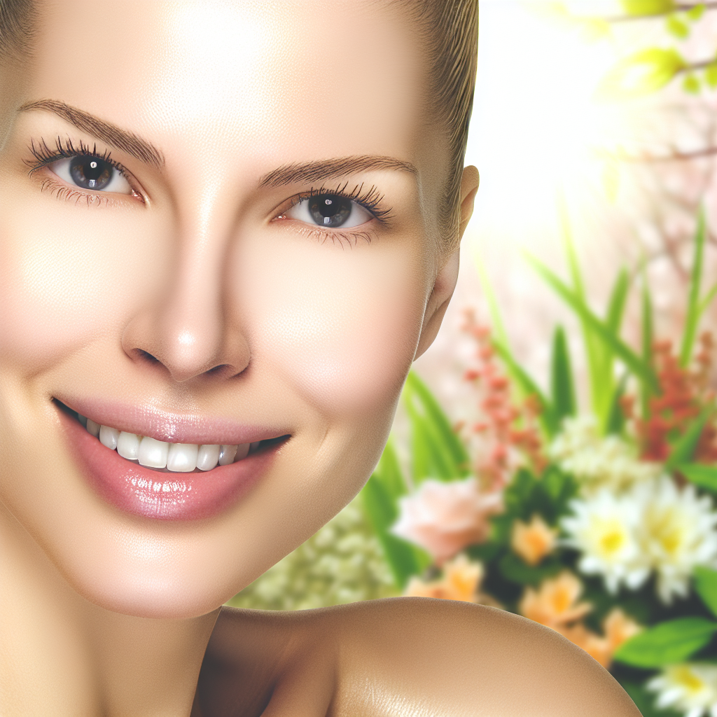 The close-up of a smiling woman with a blurred floral background.