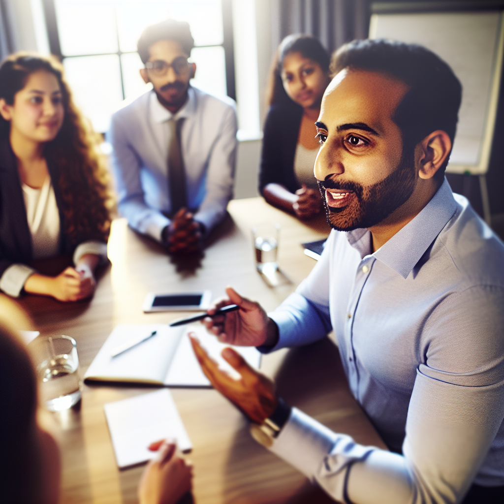 A group of people are having a discussion around a table in an office.