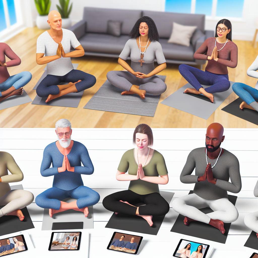 People practicing yoga in a class and participating in an online yoga session.