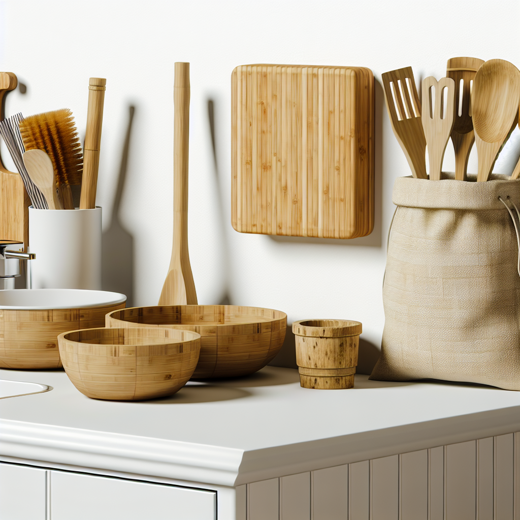 A kitchen with bamboo utensils, bowls, a cutting board, and a jute bag.