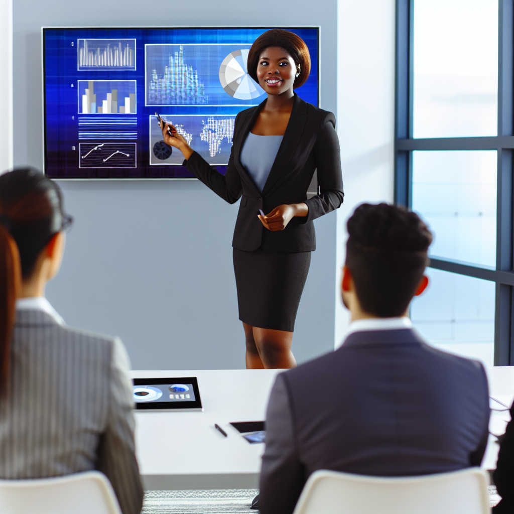 A woman is giving a presentation to two seated people, with charts and graphs displayed on a screen behind her.