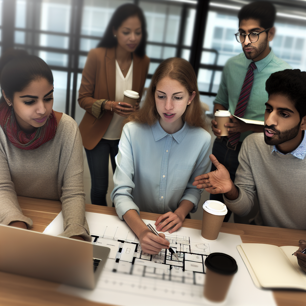 A group of people discussing a floor plan at a table with coffee cups and a laptop.