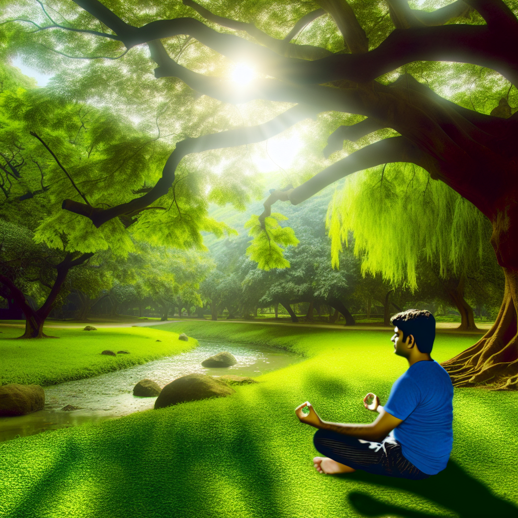 A person is meditating in a serene, green park with a stream running through it and sunlight filtering through the trees.