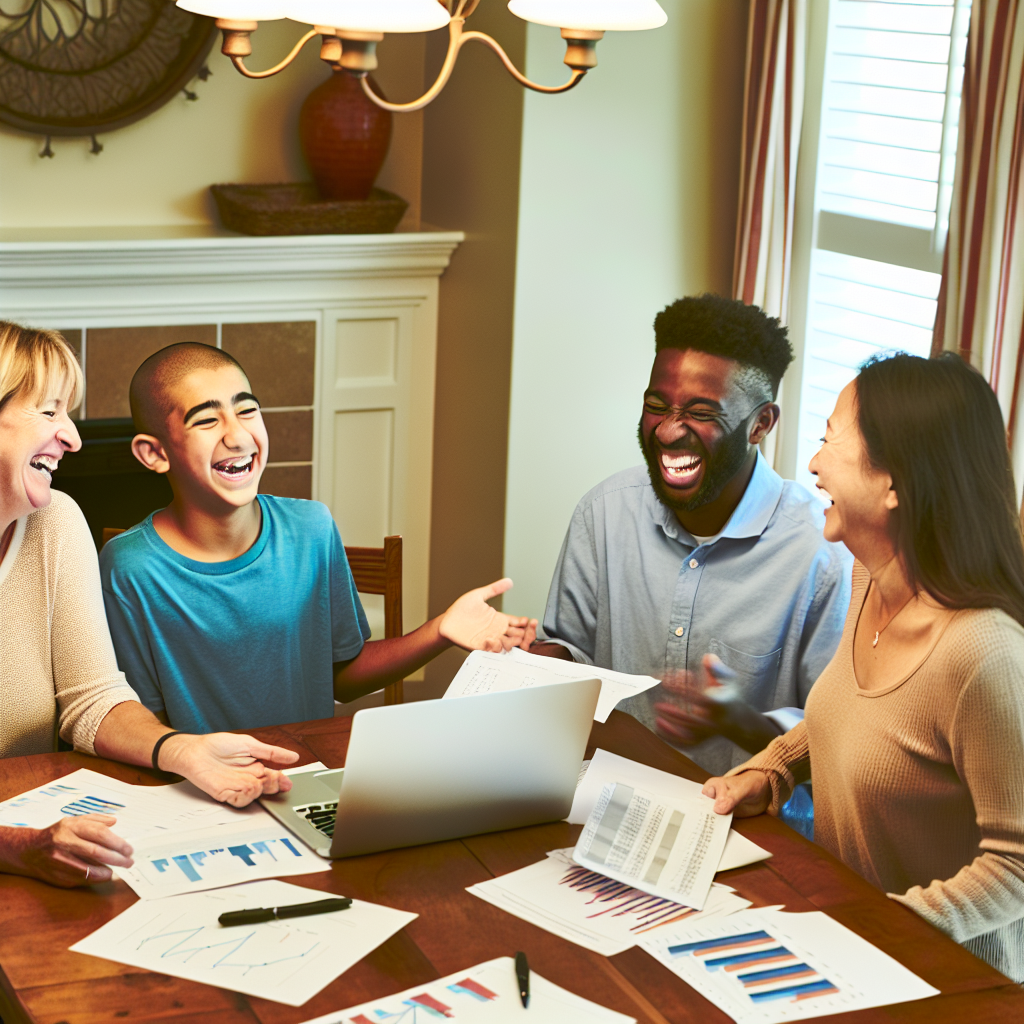 A group of people are sitting around a table, laughing and looking at charts and a laptop.