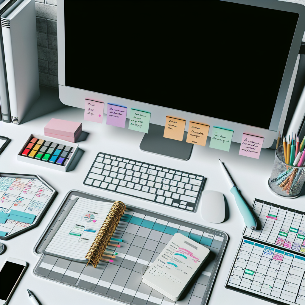 Un birou organizat cu un computer, tastatura, mouse, notite adezive colorate, un carnetel, creioane, pixuri si o plansa de organizare.