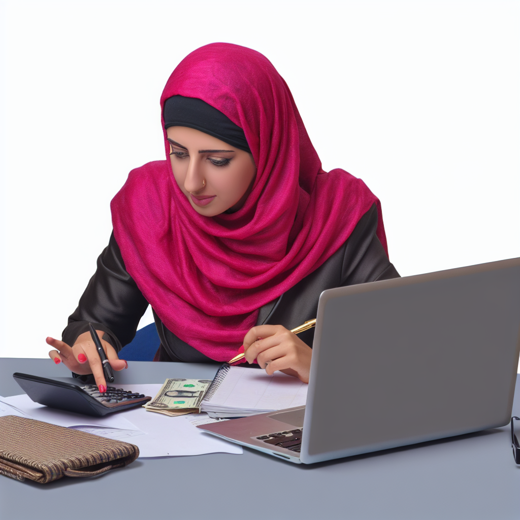 A woman in a pink hijab is using a calculator at a desk with a laptop, notebook, and some cash.