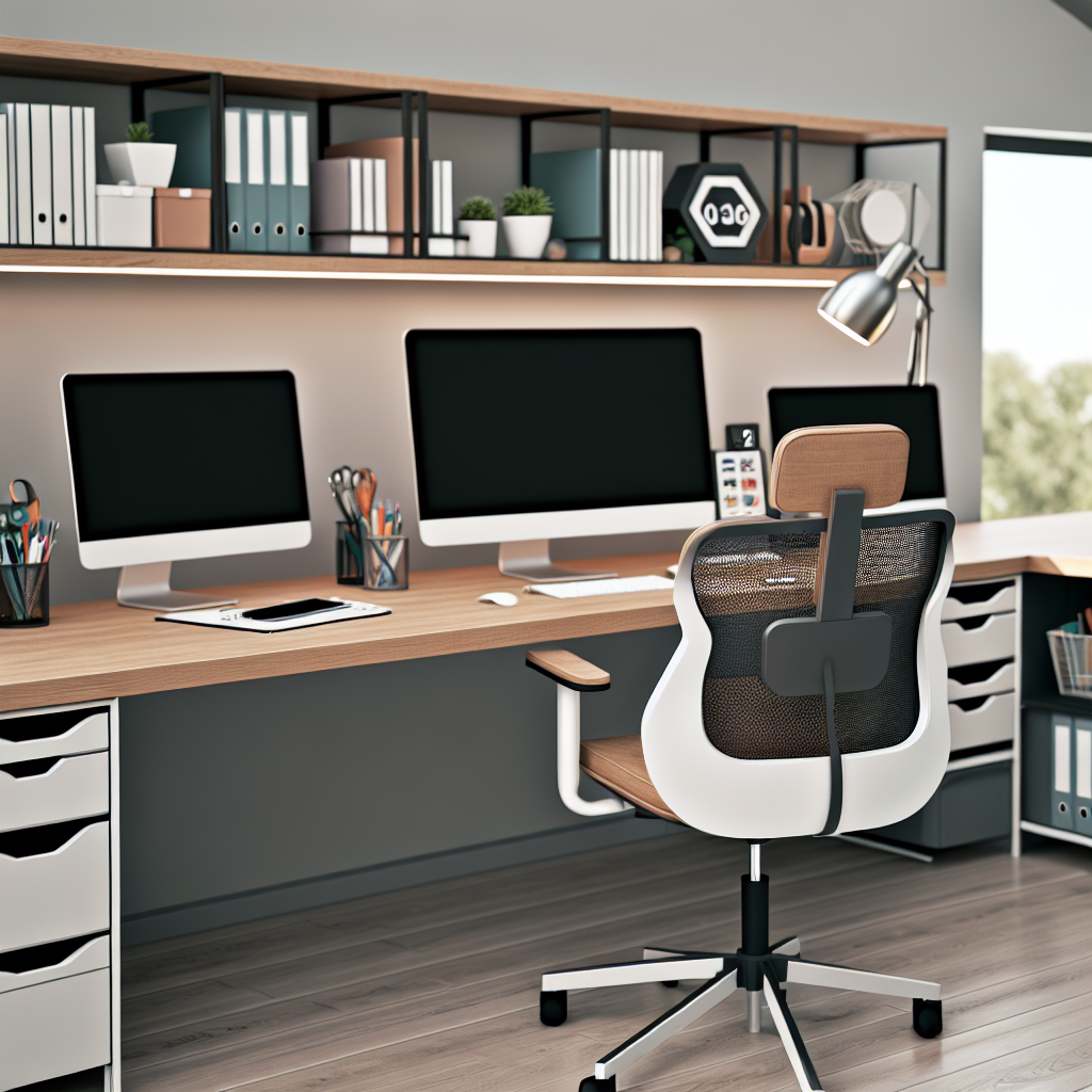 A modern home office setup with three computer monitors, an ergonomic chair, shelving with books and plants, and various desk accessories.