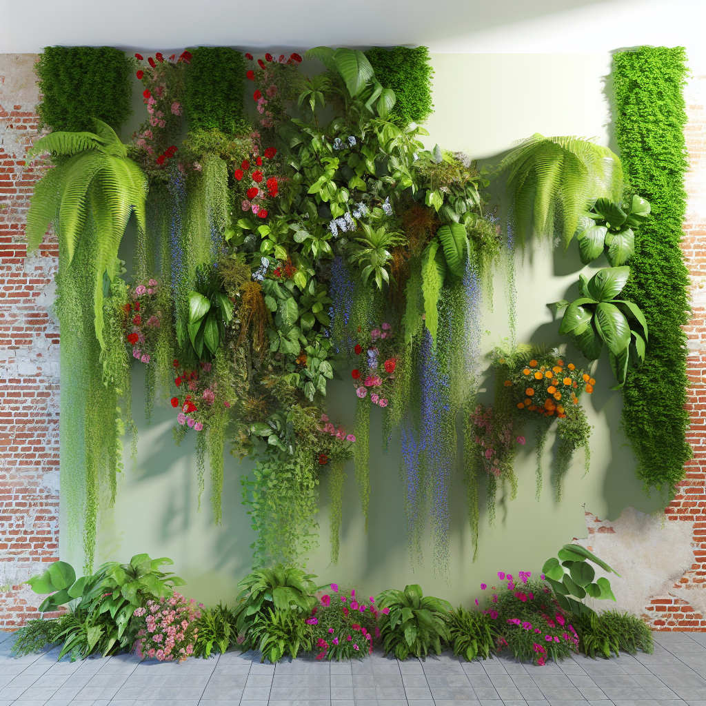 A vertical garden with various green plants, ferns, and colorful flowers on a partially exposed brick wall.