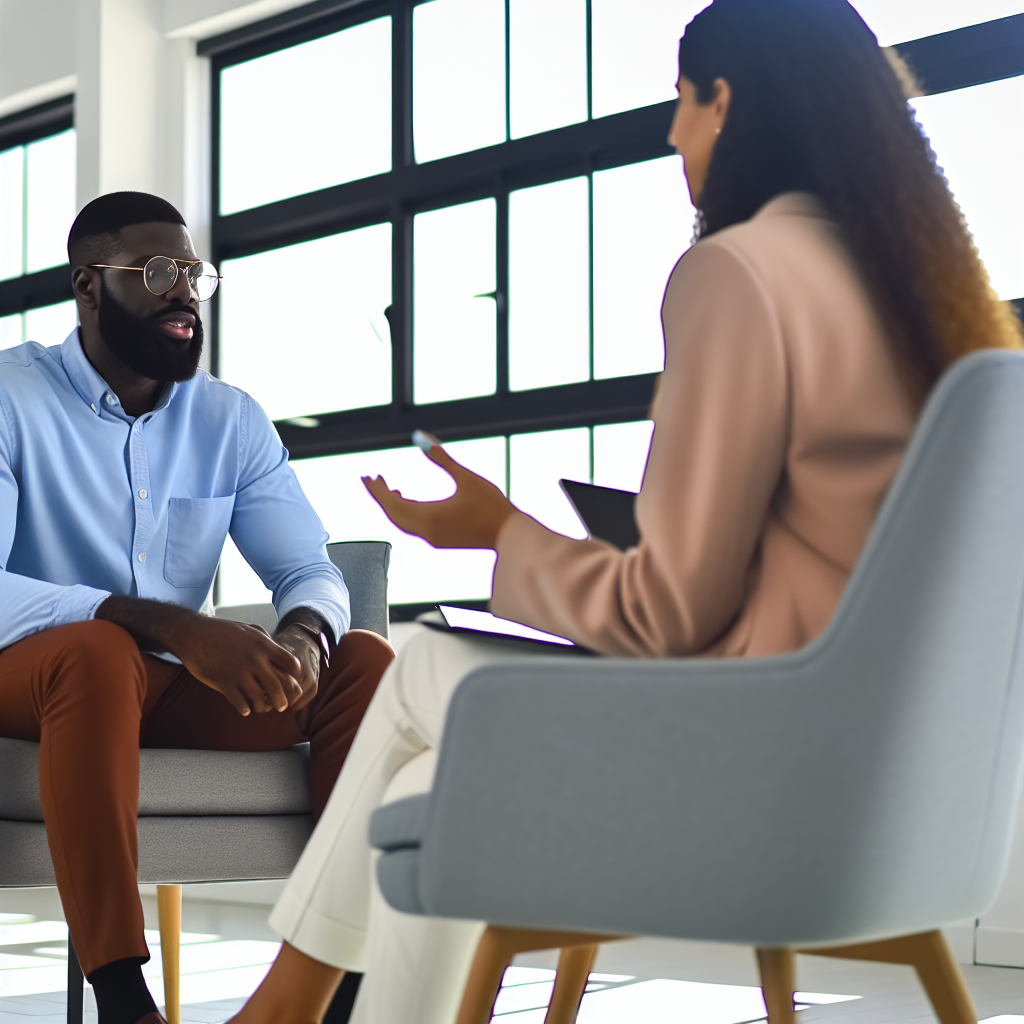 Two people are having a conversation in an office setting.