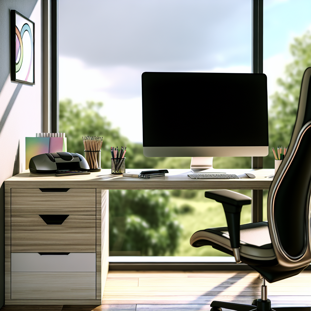 A modern office desk setup with a large computer monitor, keyboard, mouse, printer, and stationery items, located near a big window with a scenic outdoor view.