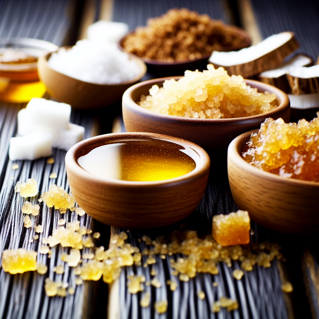 Various types of sugar and honey in wooden bowls.