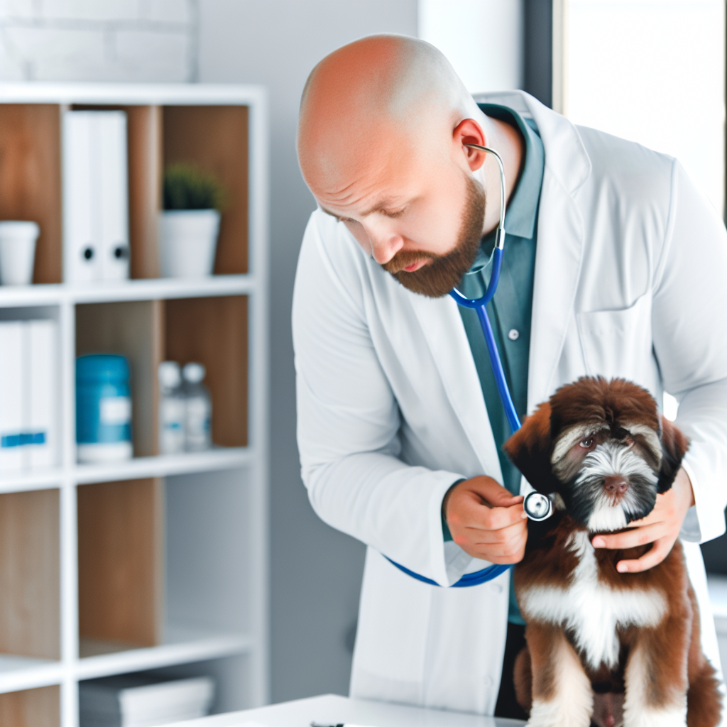 A veterinarian is examining a dog with a stethoscope.