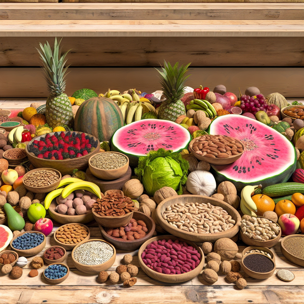 Fruits, vegetables, nuts, and seeds.