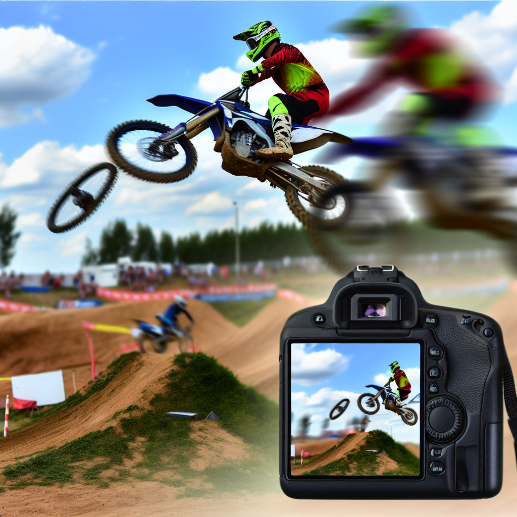 A motocross rider jumping over a dirt track while being photographed by a camera.