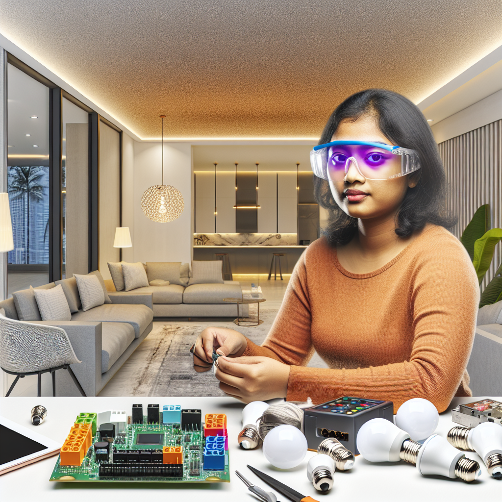 A woman wearing safety goggles works on electronic components at a table in a modern living room.
