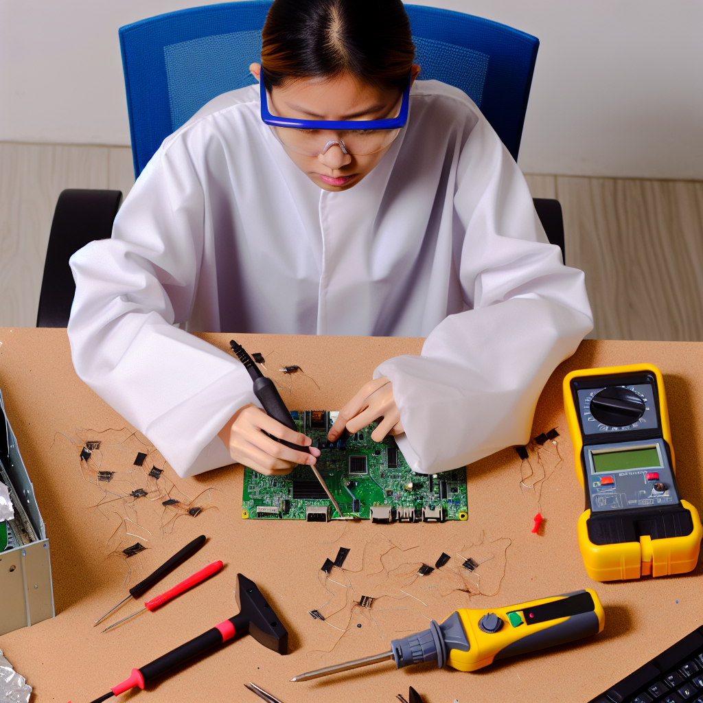 A person is working on a circuit board with various tools such as a soldering iron and a multimeter on the table.