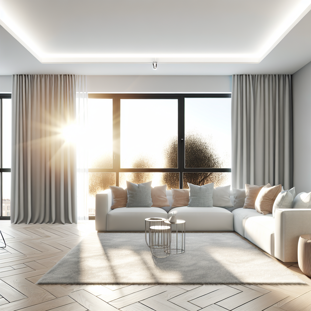 Un living modern cu o canapea mare albă, perne decorative, mese mici rotunde si ferestre mari prin care intra lumina soarelui.