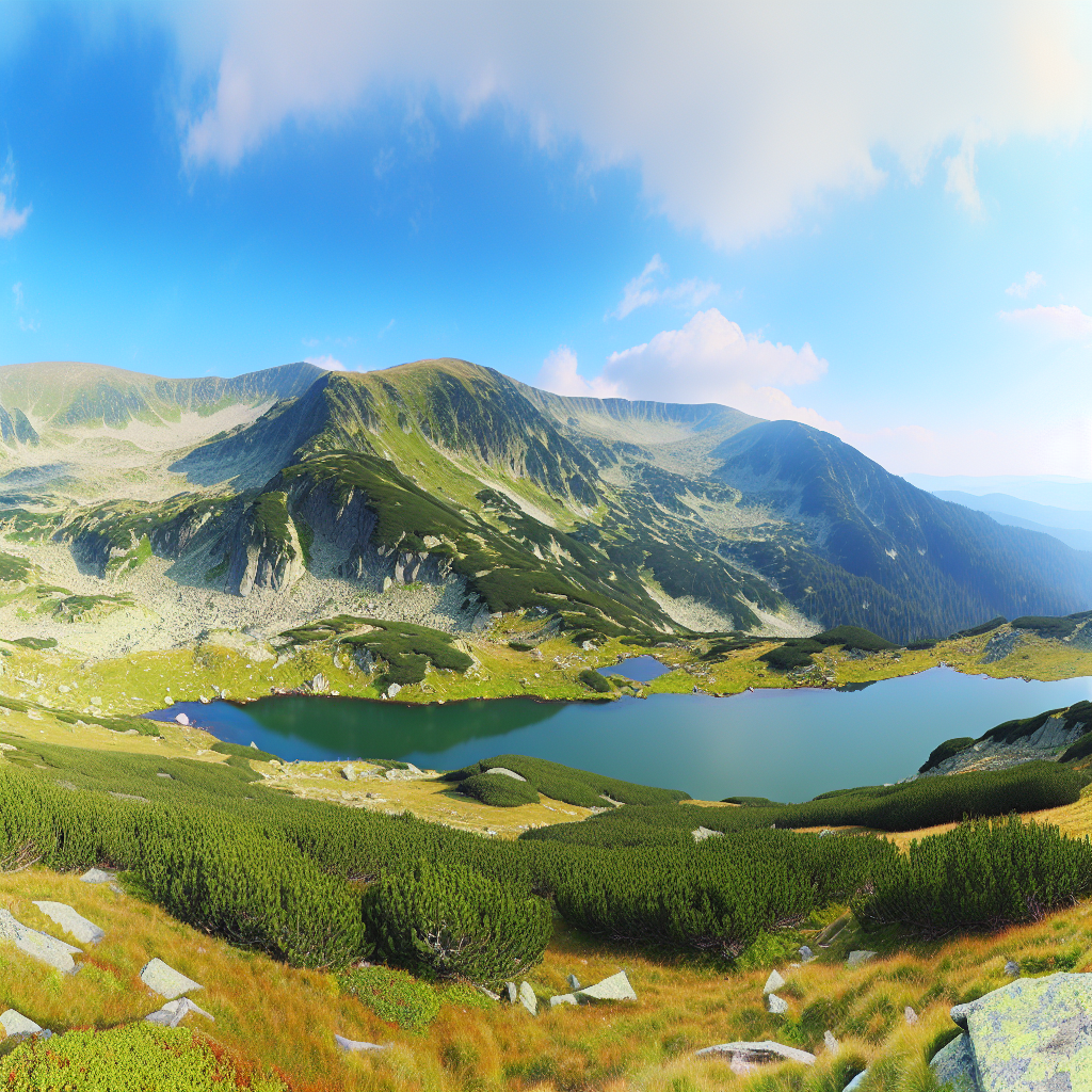 Mountain landscape with lakes and greenery.