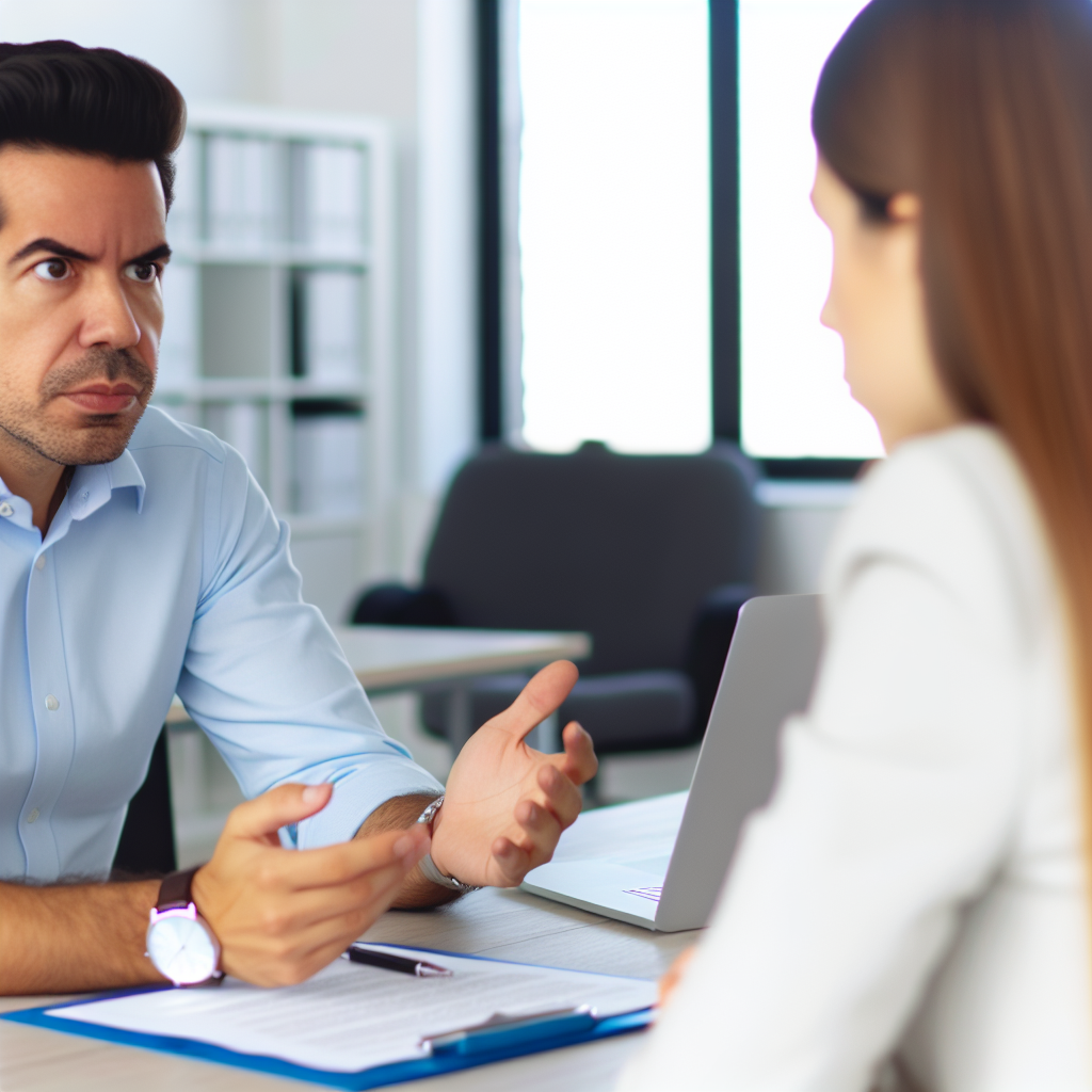 Two people are having a serious conversation in an office setting.