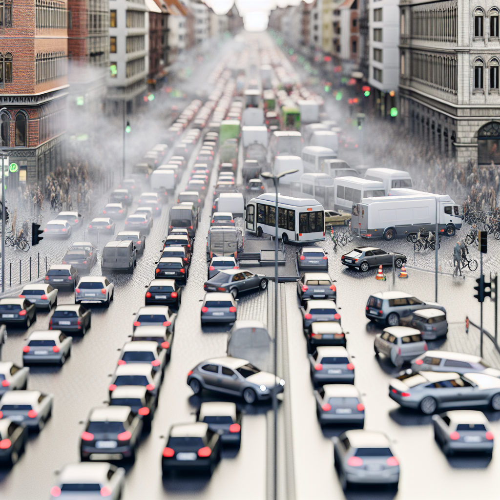 A traffic jam in a city with many vehicles, including cars, buses, and trucks, and some bicycle riders on the side.