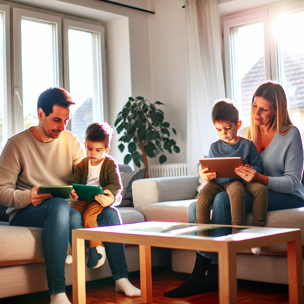 A family sitting on a couch using electronic tablets.