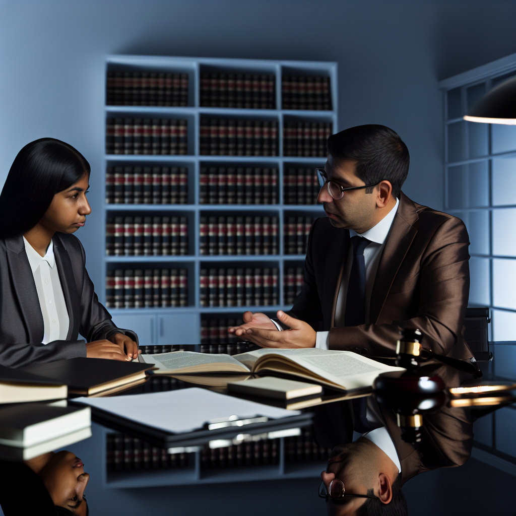 Two people are sitting at a table in an office with bookshelves filled with books in the background, discussing something.