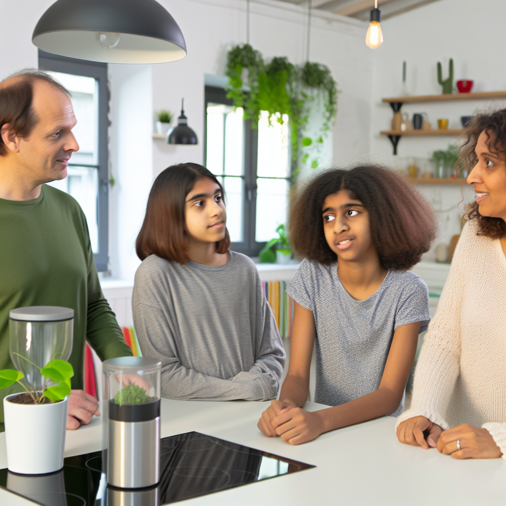 A family of four is standing in a kitchen, having a conversation.
