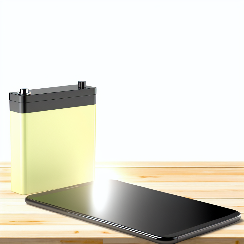 A battery and a smartphone on a wooden surface.