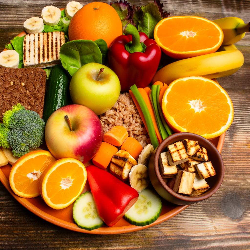 A plate of assorted fruits and vegetables including orange slices, bananas, apples, bell pepper, broccoli, cucumber slices, carrot sticks, greens, grilled tofu, whole grains, and a slice of bread.