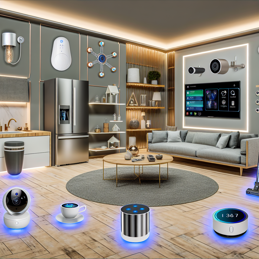 O camera de zi moderna, complet echipata cu electrocasnice inteligente si dispozitive de casa inteligenta, inclusiv un frigider, televizoare, camere de supraveghere, dispozitive de asistenta vocala si alte gadgeturi.