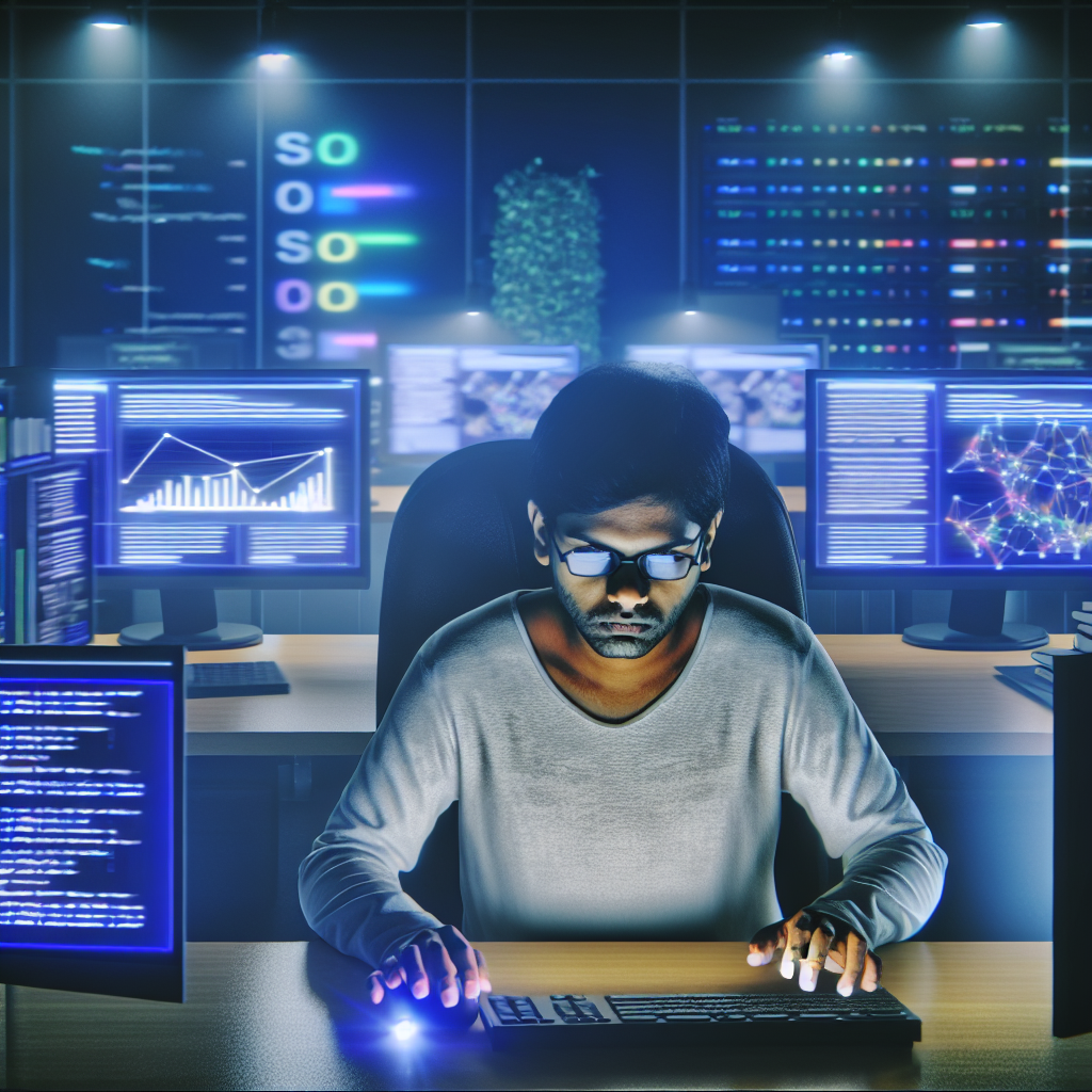 Un programator lucreaza pe un computer, inconjurat de mai multe monitoare cu grafice si coduri afisate.