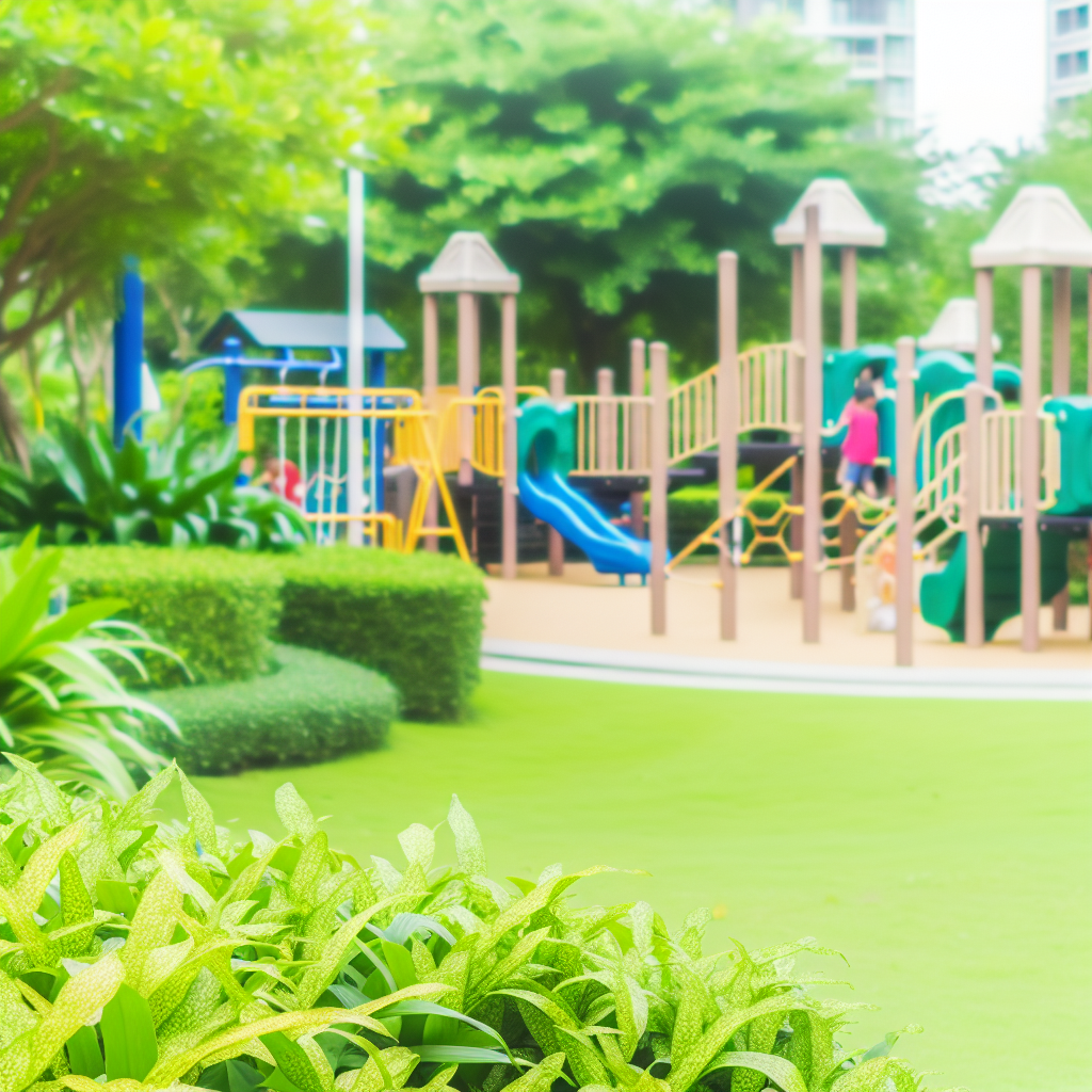 Playground with slides and climbing structures surrounded by greenery.