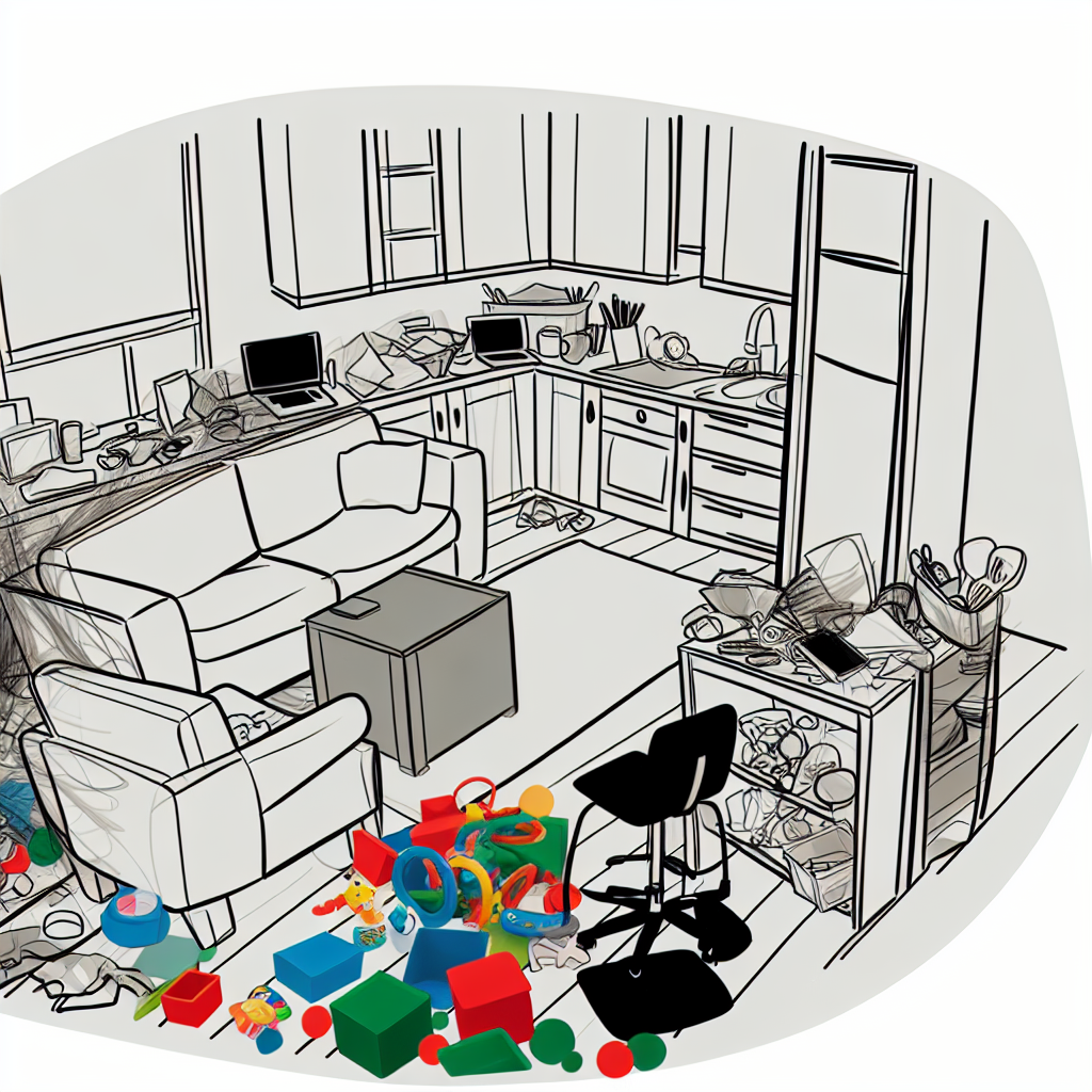 A messy living room and kitchen with scattered toys and cluttered surfaces.