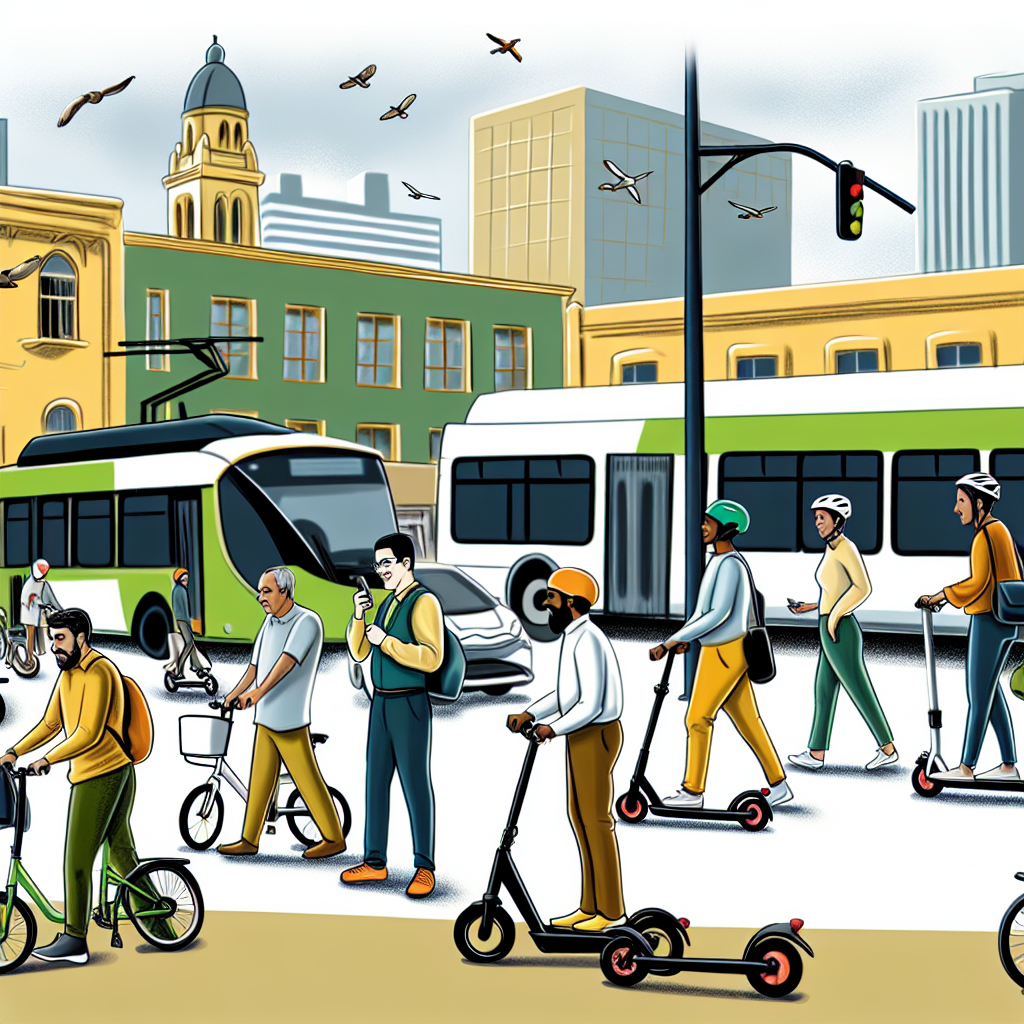 People are riding bicycles and electric scooters, walking, and driving buses in a city environment with birds flying in the sky.