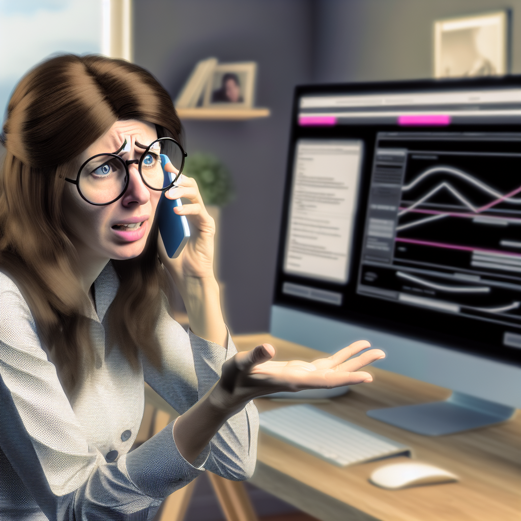 Femeie cu ochelari vorbind la telefon in fata unui computer, aratand ingrijorata.