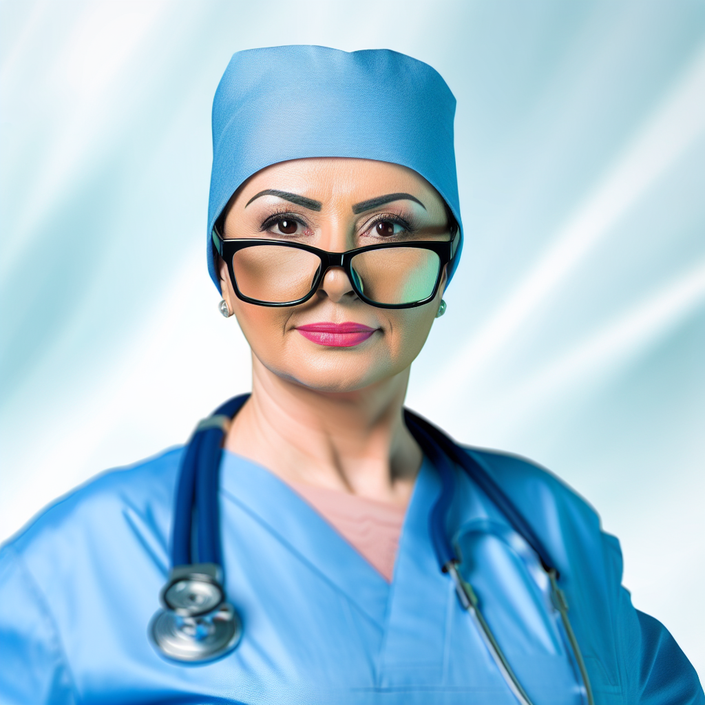 O doctorita in echipament medical albastru, cu un stetoscop in jurul gatului si purtand ochelari.