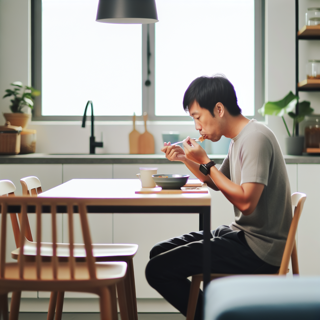 A man eating at a dining table in a kitchen.