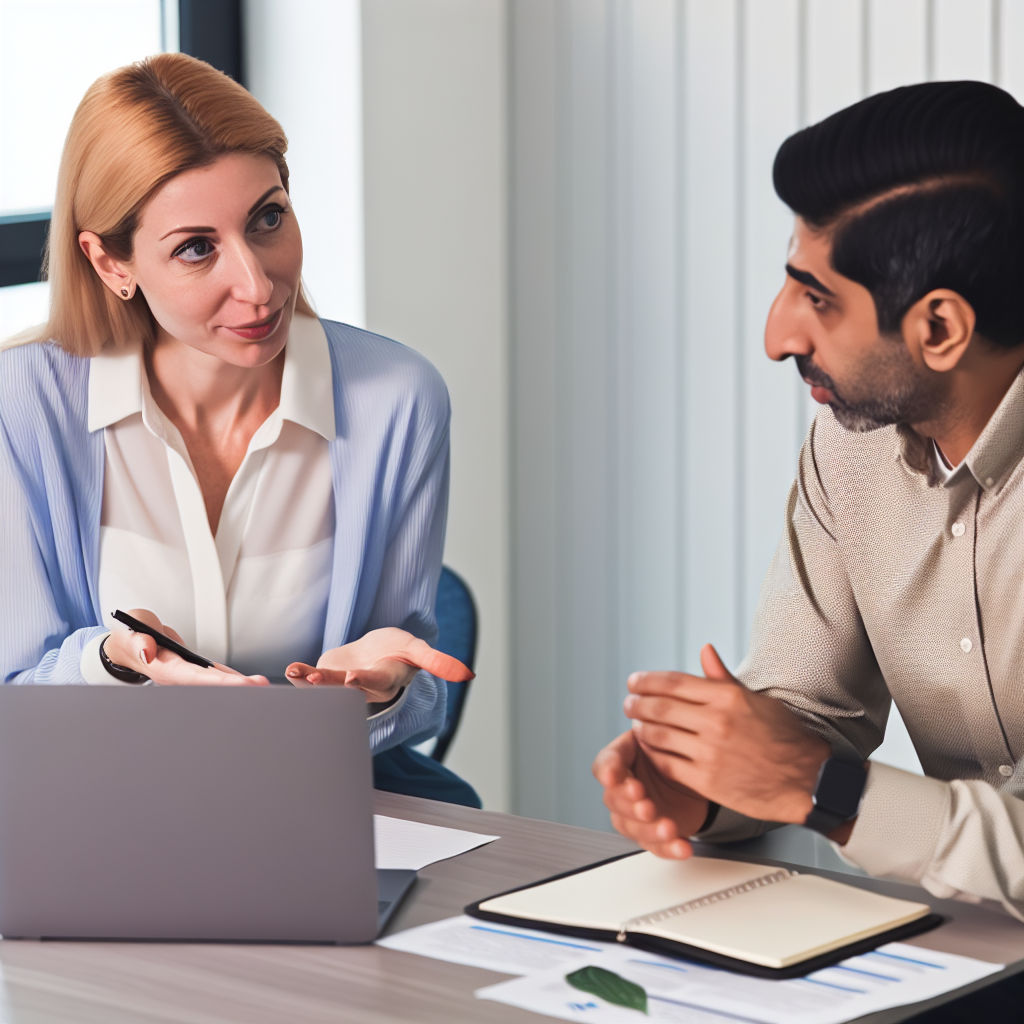 A woman and a man having a discussion at a table, with a laptop and a notebook in front of them.