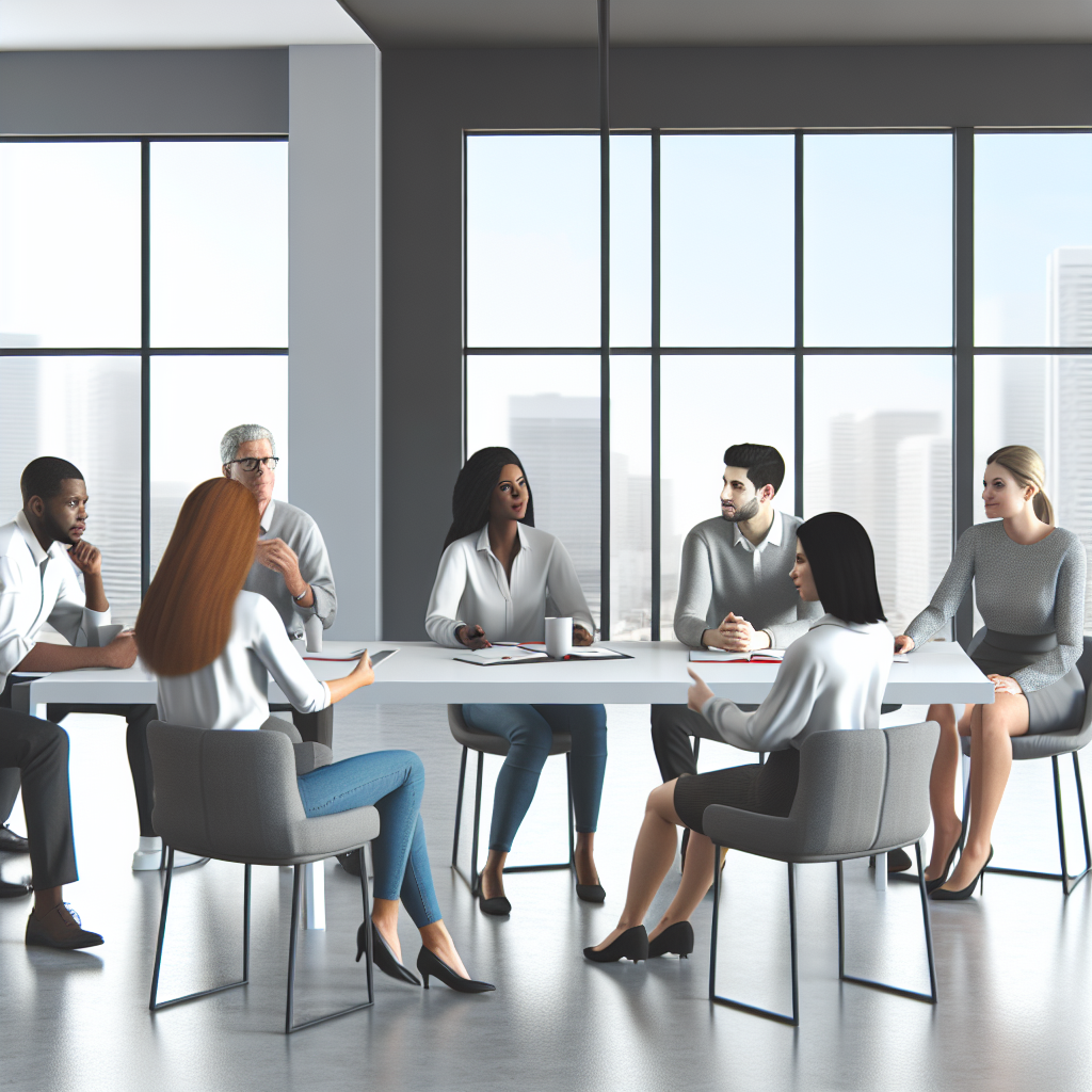 A group of people having a business meeting in a modern office space.