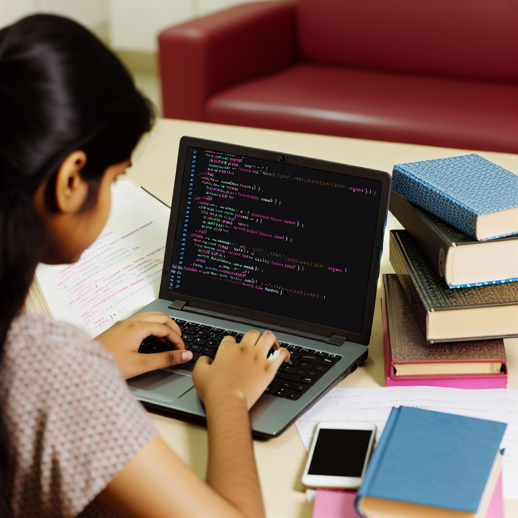 A person typing code on a laptop with books and papers nearby.