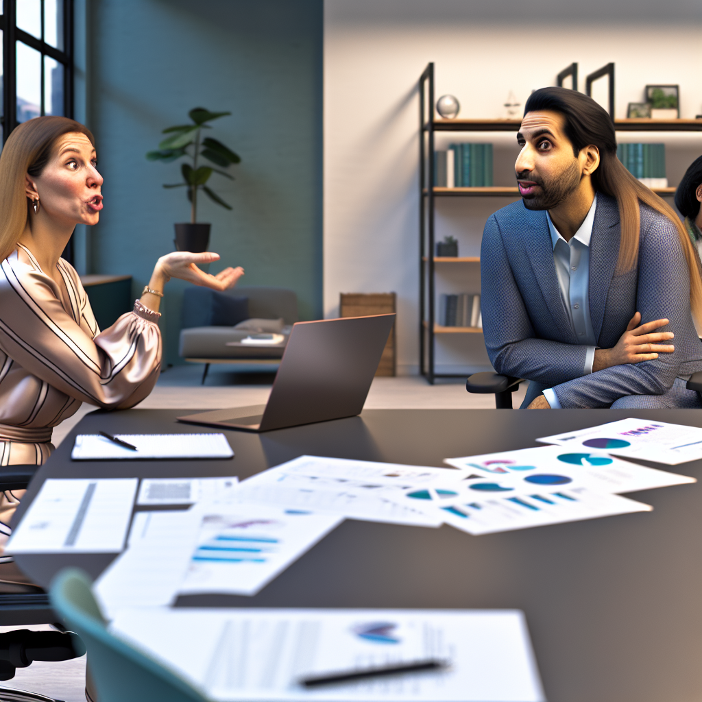 A woman is explaining something to a man in an office setting. They are seated at a table with documents and a laptop in front of them.