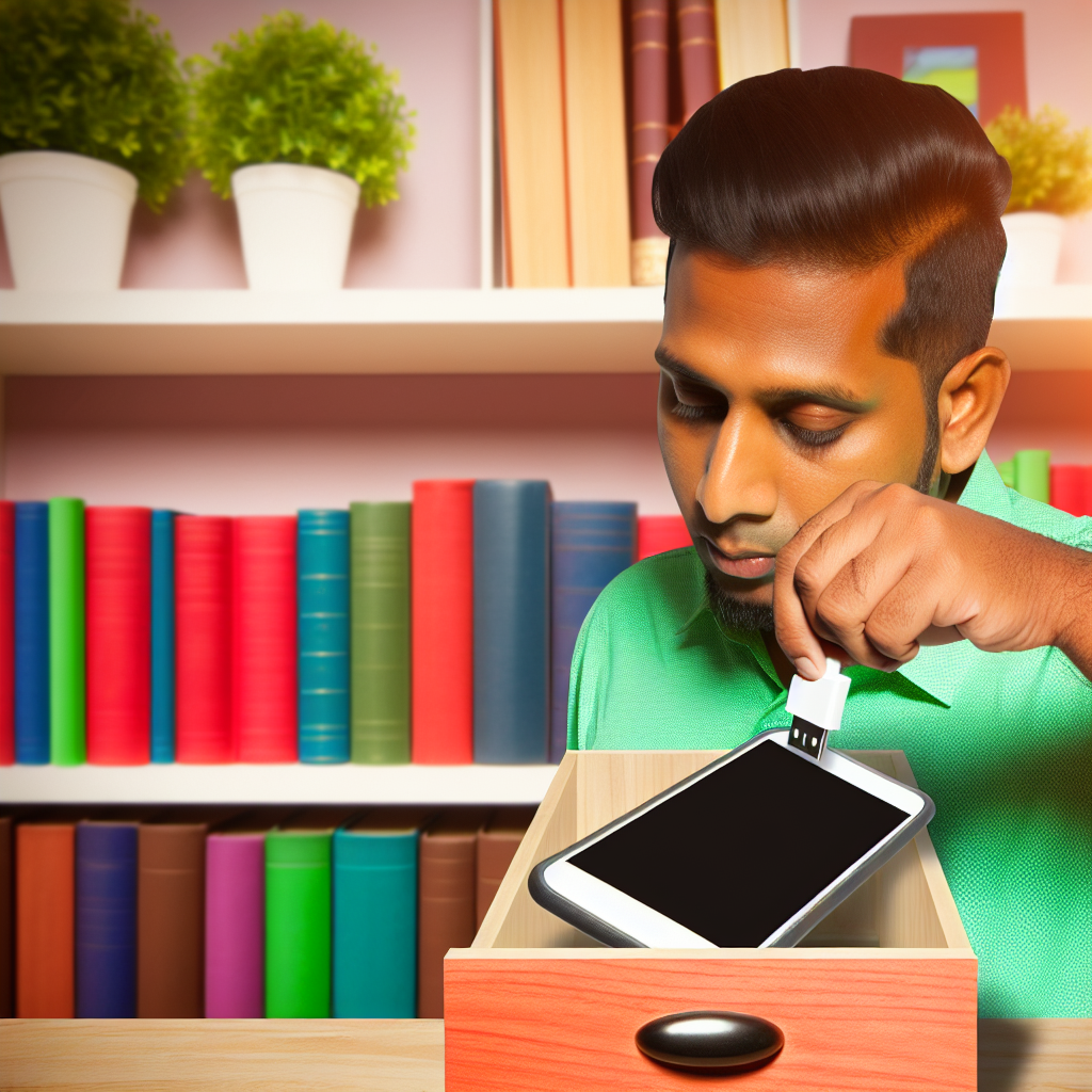 A man is placing a USB flash drive into a smartphone inside a drawer.