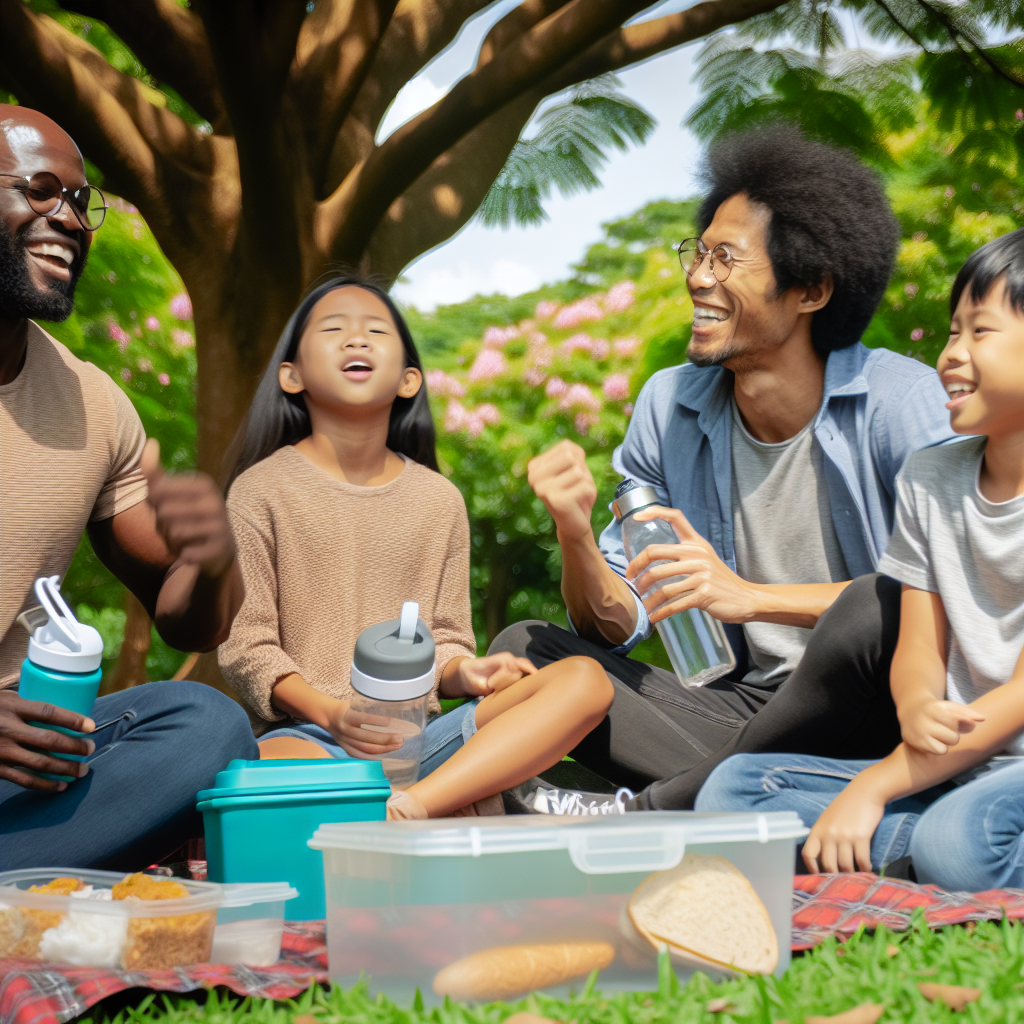 Un grup de oameni bucurandu-se de un picnic in parc.