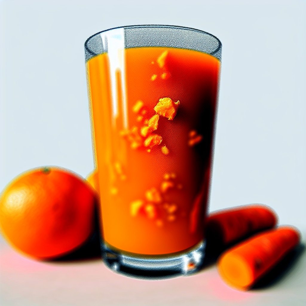 A glass of orange juice with orange pulp, an orange, and two carrots.