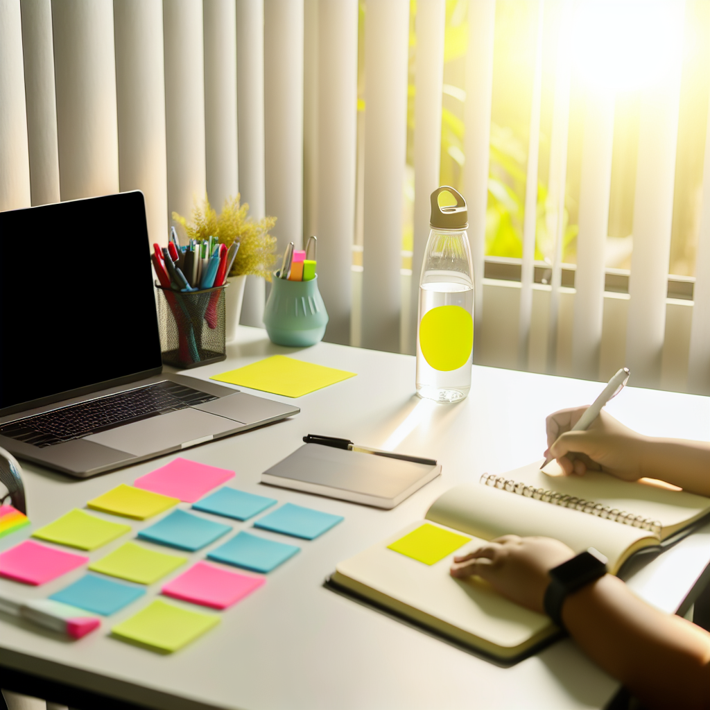 Birou organizat cu laptop, caiet, post-it-uri colorate, pixuri si o sticla de apa.