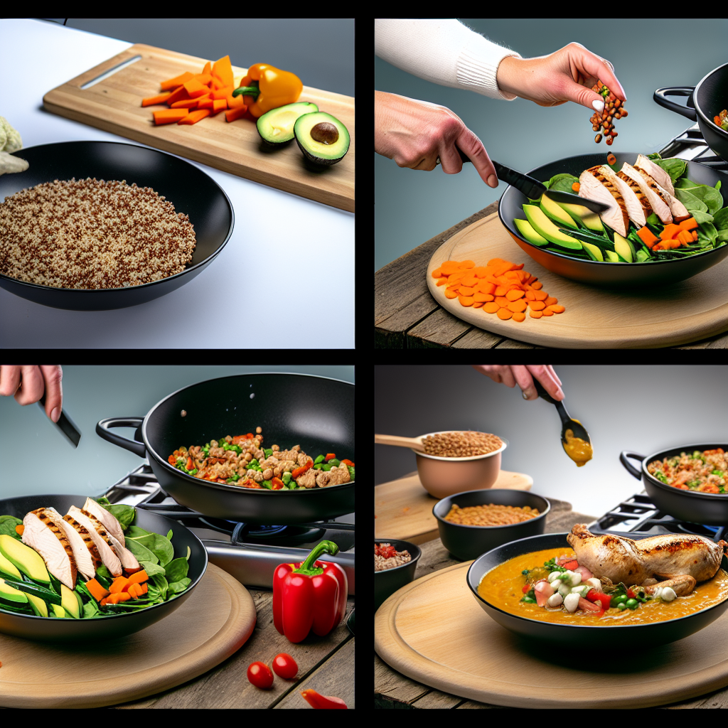 A bowl of mixed quinoa, a wooden cutting board with chopped vegetables and avocado, hands adding lentils to a salad bowl with sliced chicken, carrots, and avocado, cooking vegetables in a wok, and ingredients being added to a stew with a roasted whole chicken.